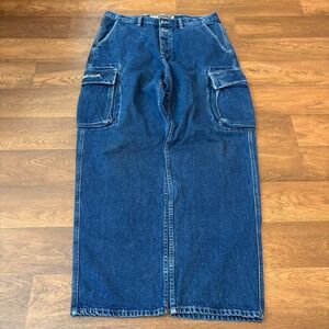 VTG Y2K Mecca Dark Wash Embroidered Logo Wide Leg Baggy Skater Cargo Jeans 38